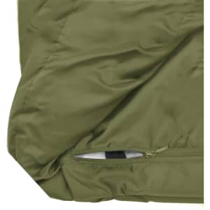 An olive green puffer jacket featuring a zipped pocket and a smooth exterior. There is branding present.