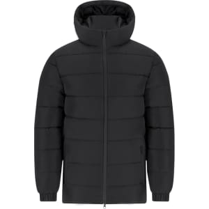 A black puffer jacket with a hood and zipper, featuring a quilted design and side pockets.