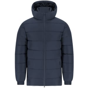 A navy blue puffer jacket with a high collar and zip closure, featuring a logo on one side.