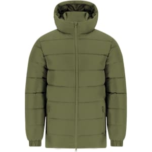 A green puffer jacket with a high collar and zip closure. It features a sleek, quilted design.