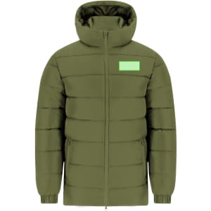 An olive green puffer jacket with a hood and a front zipper, featuring a logo on the chest area.