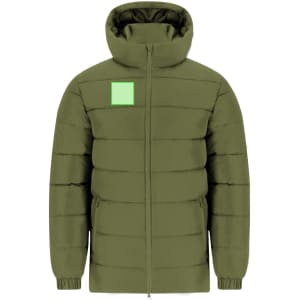A puffer jacket in olive green with a hood, featuring a square logo on the front.