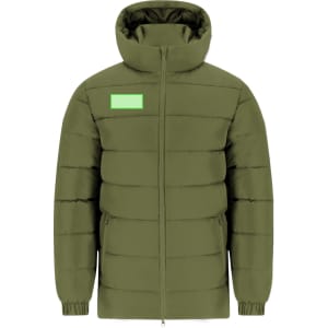 A green puffer jacket with a hood and quilted design, featuring a logo on the chest.