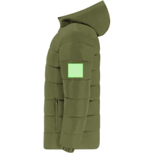 An olive green puffer jacket with a hood and a logo on the sleeve. Features a side zipper pocket.