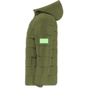A green puffer jacket with a hood and a logo on the sleeve. It features a structured, quilted design.