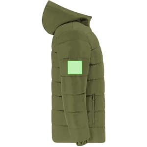 An olive green puffer jacket with a hood and a logo on the arm.
