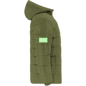 A green puffer jacket with a hood and a small logo on the sleeve.