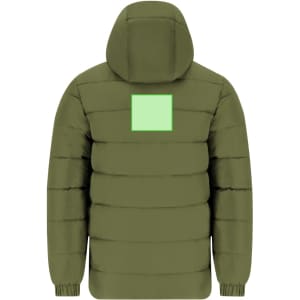 A green puffer jacket with a hood and a square logo on the back. Features a quilted design.