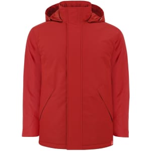A red puffer jacket with a hood and front zip, featuring side pockets and a logo.