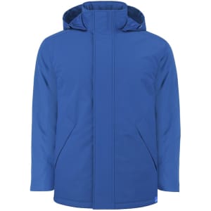 A bright blue puffer jacket featuring a hood and side pockets, with a logo on the design.
