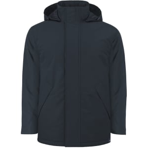 A dark navy puffer jacket with a hood and side pockets, featuring a logo on the exterior.