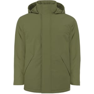 A puffer jacket in olive green with a hood and zippered front, featuring side pockets and a logo.