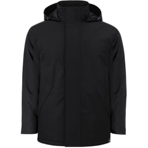 A black puffer jacket with a hood, featuring a sleek design and side pockets, and a logo on the front.