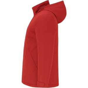 A red puffer jacket with a hood and side pockets, featuring a logo on the fabric.