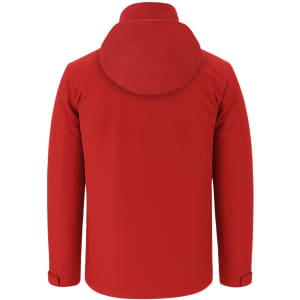 A red puffer jacket with a hood and long sleeves, featuring a logo on the back.
