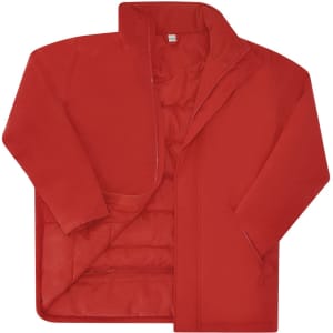 A red puffer jacket with an open front and a logo on the chest area.