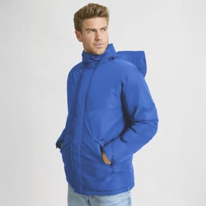 A blue puffer jacket with a hood, featuring a front zip and side pockets, worn by a model.