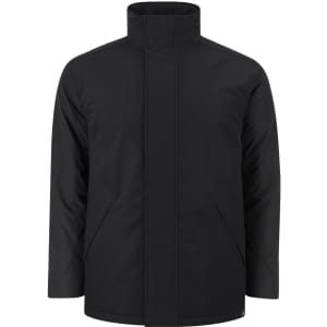 A black puffer jacket with a high collar and two pockets, featuring a logo.
