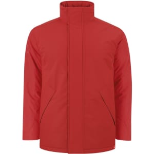 A bright red puffer jacket with a high collar and side pockets, featuring a logo on the design.