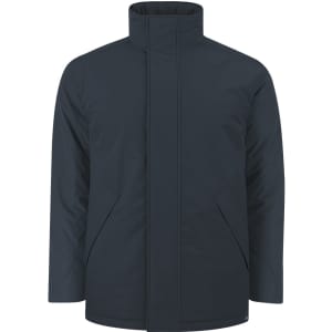 A dark navy puffer jacket featuring a high collar and side pockets, with branding on the fabric.