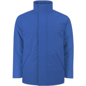 A blue puffer jacket featuring a high collar and side pockets, with a logo on the front.