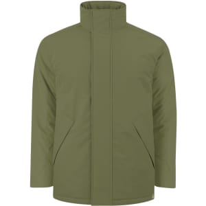 A puffer jacket in olive green with a high collar and side pockets, featuring a logo on one side.