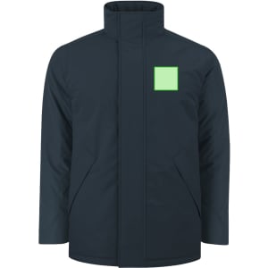 A puffer jacket in navy blue featuring a green square logo on the chest and side pockets.