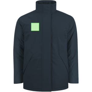 A navy puffer jacket with a high collar and a green square logo. Features side pockets.