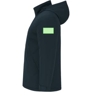 A dark blue puffer jacket featuring a hood and a green square logo on the sleeve.