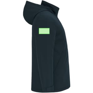A puffer jacket in navy blue with a hood and a logo on the sleeve.