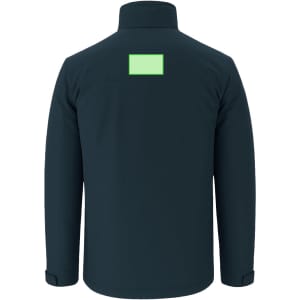 A dark navy puffer jacket featuring a green logo area on the back and a high collar design.