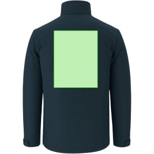 A navy puffer jacket featuring a large green square on the back and a collar. It has a logo on the front.