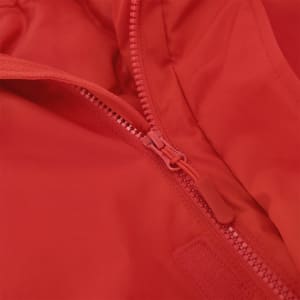 A red kids' parka with a front zipper and textured fabric detail. The jacket features a logo.