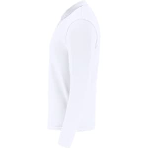A white long-sleeve polo shirt featuring a collar and a logo. Side view showcases the shirt's fit and design.