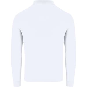 A white long-sleeve polo shirt with a collar and a logo. The shirt features a plain back design.