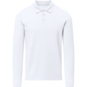 A long-sleeved white polo shirt with a three-button placket and a subtle logo.