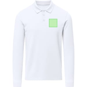A white long-sleeve polo shirt featuring a square area for branding. The shirt has a classic collar and button placket.
