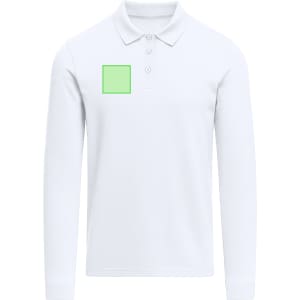 A long-sleeve adult polo shirt in white, featuring a blank green square for branding or logos.