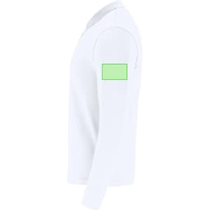 A white long-sleeve polo shirt with a collar and a green rectangular space on the arm for branding.