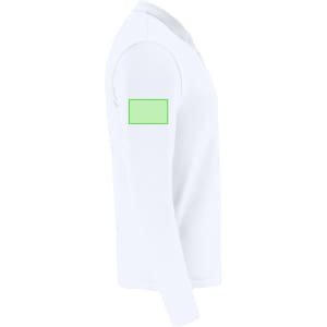 A white long-sleeve polo shirt featuring a logo on the upper arm.
