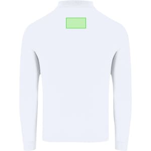 A white adult polo shirt with long sleeves and a branding area at the back.