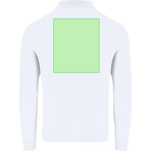 A white adult polo shirt featuring long sleeves and a large green rectangular area on the back. Includes a logo.