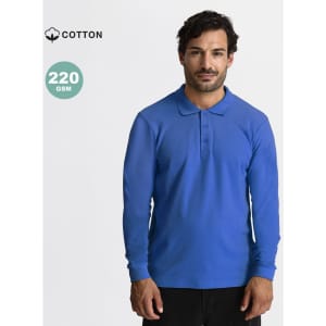 A blue long-sleeved polo shirt made of cotton, featuring a collar and a logo on the left.