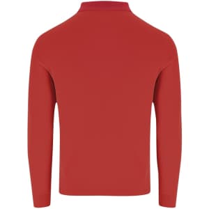 A red adult polo shirt featuring a collar and long sleeves, with a logo present.