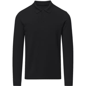 A long-sleeved black polo shirt with a collar and three buttons at the neckline. It features a logo on the chest.