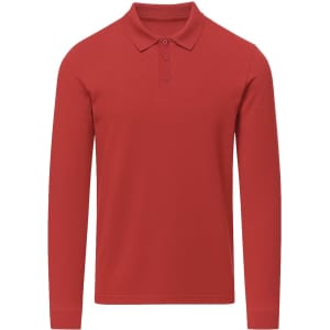 A red long-sleeve polo shirt featuring a collar and three buttons, with a logo on the chest.