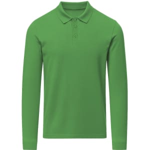 A long-sleeve polo shirt in vibrant green featuring a collar and buttons, with a logo present.