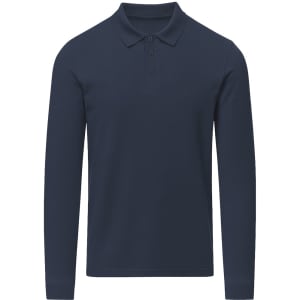 A navy long-sleeved polo shirt with a collar and three buttons, featuring a logo.
