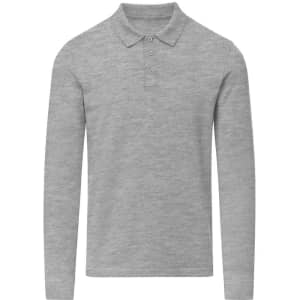A grey long-sleeved polo shirt featuring a classic collar and button placket, with a logo.