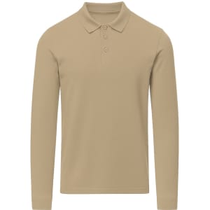 A beige long-sleeve polo shirt featuring a collar and three buttons, with a logo on the chest.